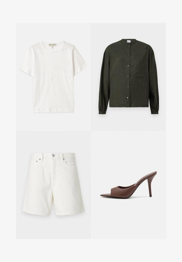 Fehér pamut póló rövid ujjakkal, virágos hímzéssel az elején és kerek nyakkivágással.; Sötétzöld, gombos ing mandarin gallérral, hosszú ujjakkal, mellzsebbel és sima, texturált anyaggal.; Fehér farmer sort egyenes szabással, öt zsebbel, elülső gombos záródással, ezüst színű fémrészletekkel és varrt díszítéssel.; Barna bőr nyitott orrú magassarkú papucs, letisztult dizájnnal, széles elülső pánttal és karcsú stiletto sarokkal.