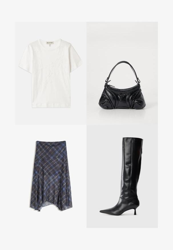 White cotton t-shirt with short sleeves, featuring floral embroidery design on the front and a round neckline.; Black plaid skirt featuring blue and brown lines, flowing design, mid-length, made from lightweight fabric with a smooth texture.; Black leather knee-high boot with a pointed toe and slim curved heel. Smooth texture, fitted design, and no visible hardware or patterns.; Black handbag made of textured leather with a rounded shape. Features a thin shoulder strap and decorative embossed patterns.