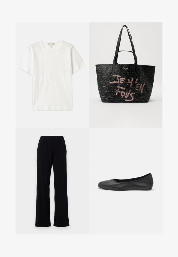 Bijela pamučna majica kratkih rukava s cvjetnim vezom na prednjem dijelu i okruglim izrezom.; Crne, lagane hlače s elastičnim pojasom i ravnim nogavicama. Meka tekstura bez vidljivih uzoraka ili akcenta. Jednostavan i svestran stil.; Crne kožne baletanke s zaobljenim vrhom, glatke teksture, minimalnim detaljima šavova i fleksibilnim dizajnom potplata.; Crna torba s teksturiranim materijalom i uzorkom dijamanta, rameni remeni i odvažan crveni i bijeli tekst koji glasi "JE M'EN FOUS."