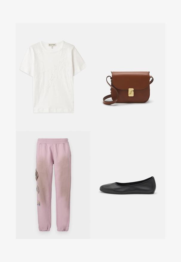 Cămașă albă din bumbac cu mâneci scurte, având un design cu broderie florală pe partea din față și un guler rotund.; Pantaloni de trening roz cu talie elastică, cu petice decorative în formă de diamant pe partea stângă și manșete elastice la glezne.; Balerini din piele neagră, cu vârf rotund, textură netedă, detalii de cusătură minimale și un design al tălpii flexibil.; Geantă de piele maro cu închidere tip capac, accesorii de culoare aurie, curea de umăr și o textură netedă. Formă compactă și rectangulară.