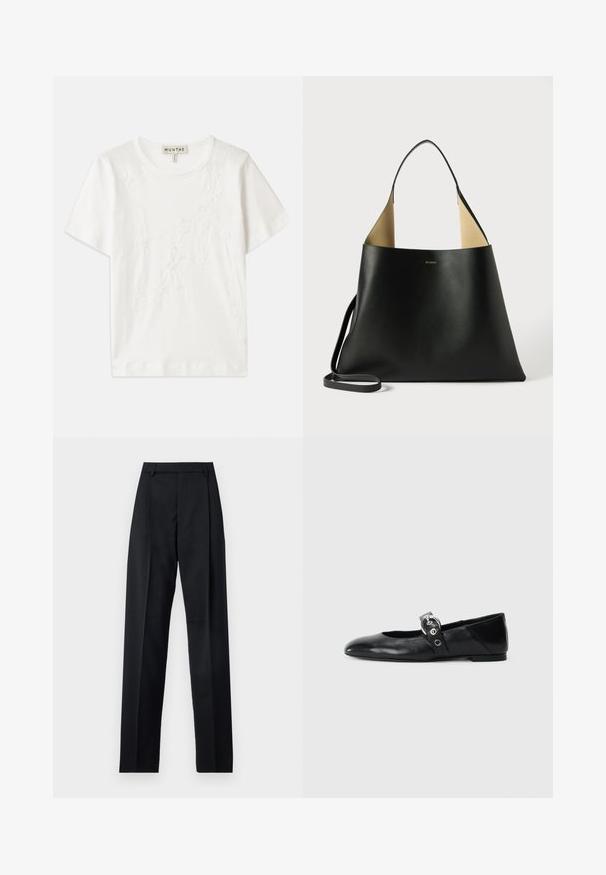 Balta kokvilnas T-krekls ar īsām piedurknēm, ar ziedu izšuvuma dizainu uz priekšu un apaļu kakla izgriezumu.; Melnas bikses, izgatavotas no gludas auduma, ar augstu vidukli, platiem bikšu galdniekiem, priekšējiem krokām un klasiskām jostu cilpām. Sānu kabatas nav redzamas.; Melnas ādas baleta kurpes ar smailu purngalu, ar siksniņu ar apaļu metāla sprādzi un platu zoli.; Melnas ādas toņu soma ar plašu, stūrveida dizainu. Iekšpusē kontrastējoša brūna krāsa un plāns plecu siksna. Minimālistiska zīmola identitāte.