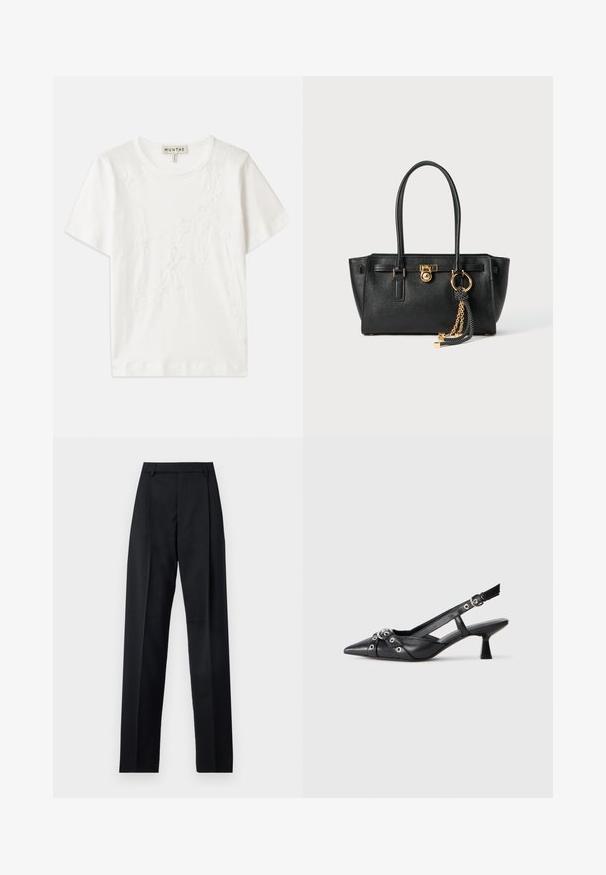 Hvid bomulds t-shirt med korte ærmer, som har blomsterbroderi på forsiden og en rund halsudskæring.; Sorte bukser lavet af glat stof, der har høj talje, brede ben, frontfolder og klassiske bælteløkker. Ingen synlige sidelommer.; Sort lædersandal med spids tå, dekorative stropper med metaløjer og en lav blokhæl. Struktureret overflade.; Sort læder skuldertaske med dobbelte håndtag, guld lås og kædedetalje samt sort-hvid kvast tilbehør mod hvid baggrund.