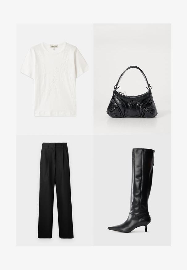 Hvid bomulds t-shirt med korte ærmer, som har blomsterbroderi på forsiden og en rund halsudskæring.; Sorte vide bukser med en glat tekstur, med forkørsler og høj talje design. Fremstillet af et let stof.; Sorte læder knæhøje støvler med spids tå og slank buet hæl. Glat tekstur, tætsiddende design og ingen synlig hardware eller mønstre.; Sort håndtaske lavet af tekstureret læder med en rund form. Har en tynd skulderrem og dekorative præget mønstre.