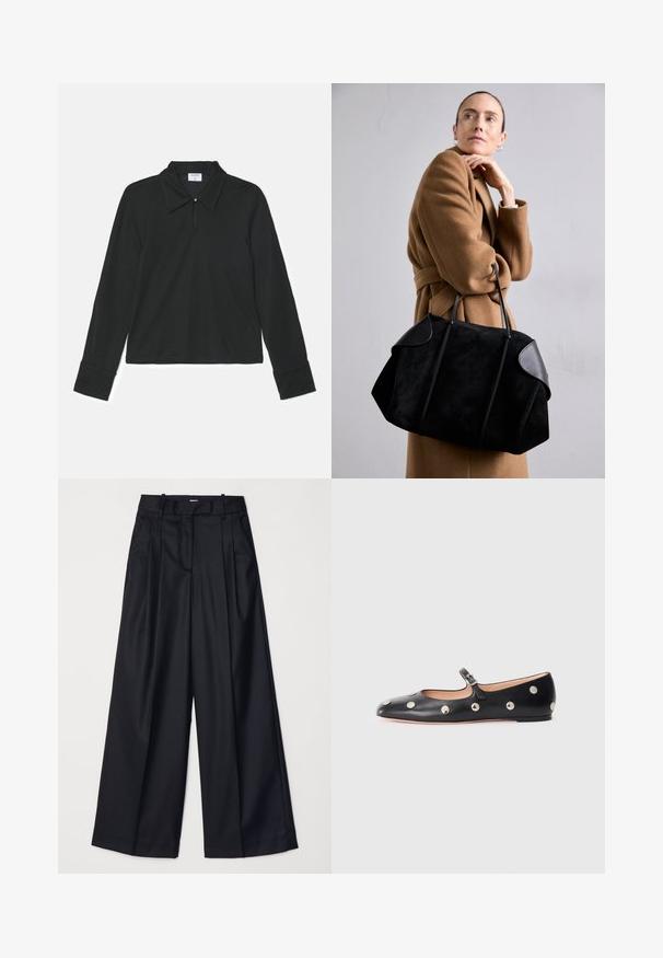 Sort poloshirt med lange ærmer, der har en fold-down krave, en knap ved halsen og tætsiddende manchetter. Blødt stof med en glat tekstur.; Sorte breddebenede bukser lavet af glat stof, med høj talje, læg og skræddersyet design. Enkel sort hardware i talje.; Sorte læder Mary Jane flad sko med en rund tå, udstyret med sølvfarvede runde nitter og en justerbar rem med spænde.; Sort ruskinds håndtaske med læderdetaljer, struktureret form og to solide håndtag, båret af en person i en brun frakke.