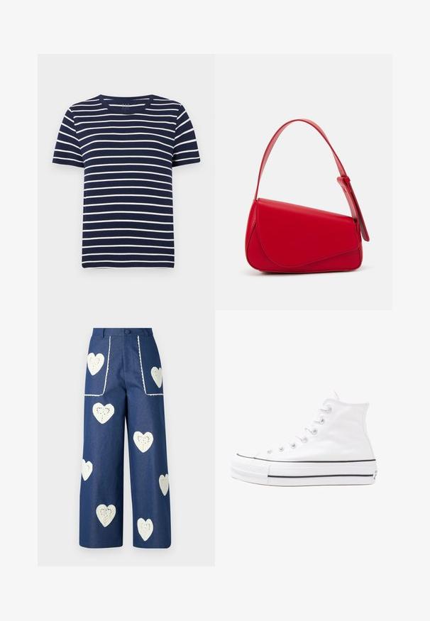 Mornarskoplavi kratki rukav majica s bijelim horizontalnim trakama, okruglim izrezom i mekanim pamučnim materijalom. Jednostavan, klasičan dizajn.; Sister Jane HEART TO HEART - Traperice ravnih nogavica - blue denim; Bijela visoka platnena tenisica s crnom gumenom potplatom, prednjim gumenim zaštitnikom prstiju i šest rupa za vezanje, s čistim, minimalističkim dizajnom.; Crvena kožna torba s kutnim, geometrijskim dizajnom. Ima jedan podesivi remen i preklopni zatvarač sa šivenim detaljima.