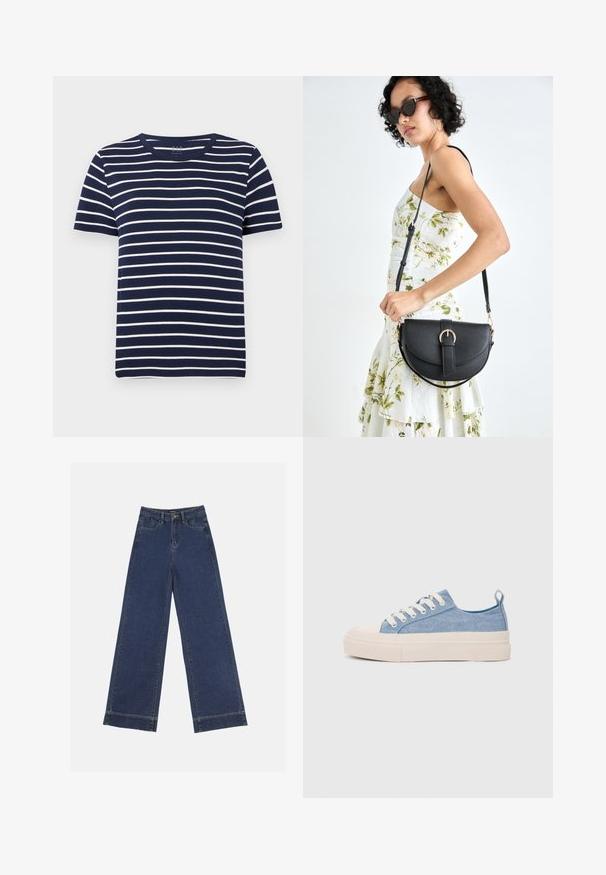 Tengerészkék rövidujjú póló fehér vízszintes csíkokkal, kerek nyakkivágással és puha pamut anyagból. Egyszerű, klasszikus dizájn.; Sötétkék denim széles lábú farmernadrág. Öt zsebbel, övhurkokkal és nyers szegéllyel az alján, amelyen látható varrási részletek találhatók.; Világoskék vászon sportcipők, krémszínű gumitippel és talppal, fehér fűzőkkel és egy húzófüllel a sarkán.; Fekete bőrtáska ívelt formával, levehető pánttal és arany színű fémrészekkel. A táskán egy csattal díszített fedél található.