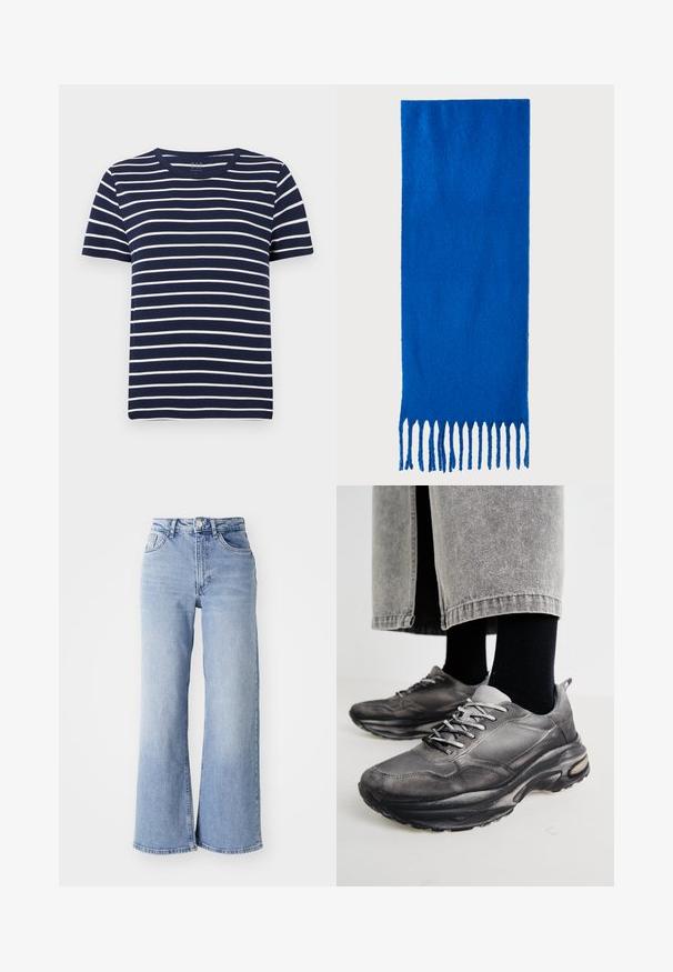 Navy blue short-sleeve t-shirt with white horizontal stripes, round neckline, and soft cotton material. Simple, classic design.; Light blue high-waist wide-leg jeans with front and back pockets, button closure, and subtle fading on the thighs and hems.; Black and gray athletic shoes feature a mesh upper, thick soles, and laces. They have a rounded toe and visible cushioning detail.; Blue fringed scarf made of soft fabric; features a solid color with a textured surface and evenly cut fringe at the bottom.