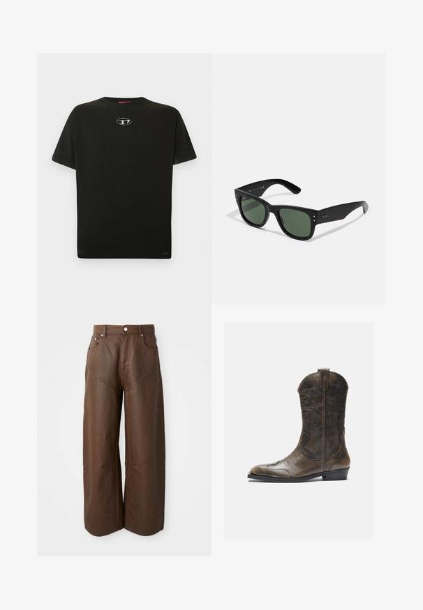 Juodas medvilninis marškinėliai trumpomis rankovėmis, apvaliu kaklu ir mažu metaliniu logotipu krūtinėje. Lygus paviršius ir tiesus kirpimas.; Plati kojos rudos odinės kelnės su penkiomis kišenėmis ir sagčiu, pristatytos ant vientisos baltos fono.; Rudos odinės kaubojų botai su aukšta ašimi, smailiu pirštu, sudėtingomis siuvimo raštais ir mažu kulnu. Tekstūruotas paviršius visame ilgyje.; Juodos stačiakampės saulės akinių rėmelių su žaliais lęšiais, matinio paviršiaus, subtiliais detalėmis ir iškilniu logotipu ant šventyklos.