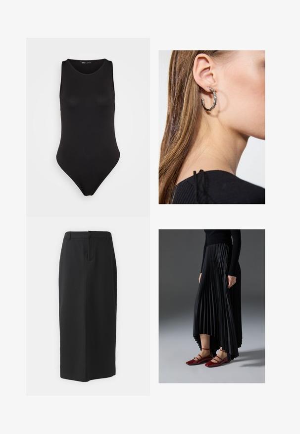Čierny bezrukávový body vyrobený z hladkej, elastickej látky s priliehavým strihom, s vysokým vykrojením nohavíc a minimalistickým štýlom.; Čierna ceruzková sukňa po kolená, vyrobená z hladkej látky. Obsahuje rozparok na zadnej strane a bočné vrecká, má jednoduchý dizajn a neutrálne farby.; Čierna plisovaná sukňa s vysokým a nízkym lemom, skombinovaná s lesklými červenými balerínami s dizajnom remienkov. Tkanina má hladkú textúru.; Strieborná kruhová náušnica s lesklým povrchom, obsahujúca malé zlaté akcenty a okrúhly tvar, nosená na lalôčiku ucha.