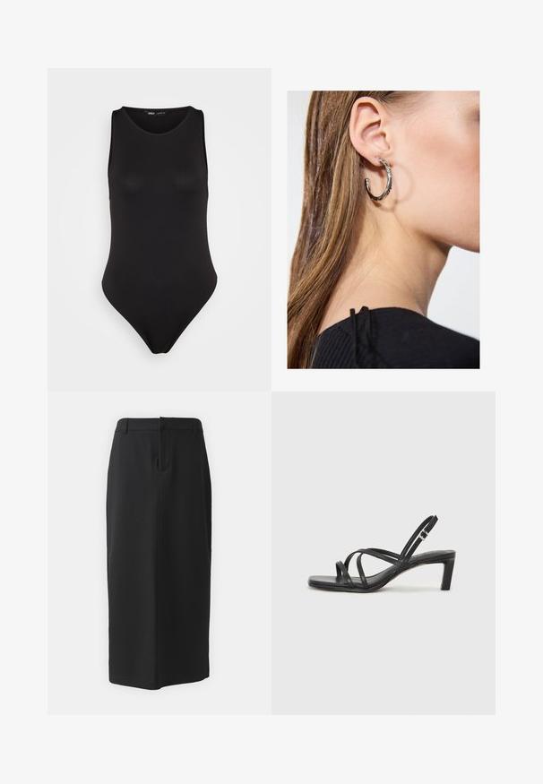 Čierny bezrukávový body vyrobený z hladkej, elastickej látky s priliehavým strihom, s vysokým vykrojením nohavíc a minimalistickým štýlom.; Čierna ceruzková sukňa po kolená, vyrobená z hladkej látky. Obsahuje rozparok na zadnej strane a bočné vrecká, má jednoduchý dizajn a neutrálne farby.; Čierne sandále na vysokom podpätku so štvorcovou špičkou a nízkym blokovým podpätkom. Obsahujú viacero tenkých popruhov a nastaviteľný členkový popruh. Vyrobené z hladkej kože.; Strieborná kruhová náušnica s lesklým povrchom, obsahujúca malé zlaté akcenty a okrúhly tvar, nosená na lalôčiku ucha.
