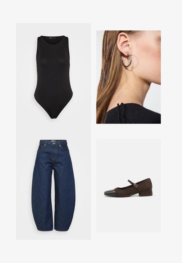 Juodas be rankovių bodis, pagamintas iš lygaus, elastingo audinio, su pritaikytu dizainu, pasižymintis aukštu kirpimu ir minimalistiniu stiliumi.; Tamsiai mėlynos spalvos džinsai iš džinso audinio, platus, laisvas kirpimas. Yra užtrauktukas priekyje, keturios kišenės ir kontrastingos siūlės palei siūles.; Rudos zomšiniai Mary Jane bateliai su juodu patentuotų odos smailiu pirštu, reguliuojama juosta ir žemu blokuotu kulnu. Lygus paviršius su minimaliais akcentais.; Sidabrinė lankinė auskarai su poliruotu paviršiumi, turintys mažus auksinius akcentus ir apvalią formą, dėvimi ant ausies kaušelio.