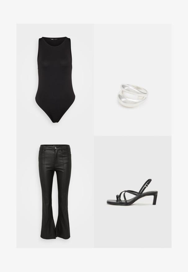 Svart ärmlös bodysuit i ett smidigt, stretchigt material med en figurnära design, som har högskuren ben och minimalistisk stil.; Svarta utsvängda byxor med en glänsande, läderliknande yta, med framfickor, knappstängning och slitsar på sidorna av nederkanten.; Svart sandaler med remmar och fyrkantig tå samt låg blockklack. Har flera tunna remmar och en justerbar ankelrem. Tillverkad av mjukt läder.; Silver ring med dubbel band och en slät, polerad yta. Har en flödande, böjd design med överlappande sektioner för en modern stil.