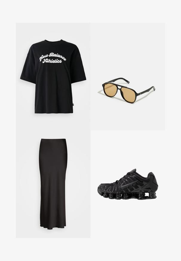 Black cotton T-shirt with short sleeves and a round neck, featuring white text "New Balance Athletics" in a curved design.; Black, floor-length satin skirt with a smooth texture, fitted waistband, and A-line silhouette, featuring no visible embellishments or patterns.; Black athletic shoe with mesh upper and glossy overlays. Features curved coil cushioning and textured lines on the side. Nike logo visible.; Black sunglasses with brown tinted lenses; rectangular shape with a thick frame, including subtle hardware accents on the temples.; Even&Odd Tote bag - black