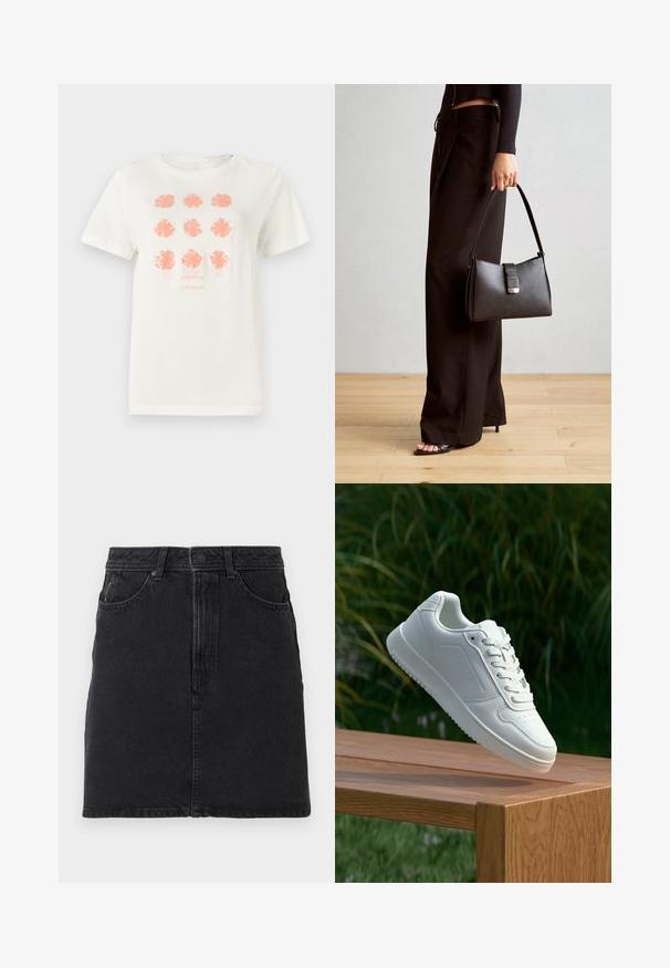 Biela bavlnená tričko s deviatimi kvetinovými vzormi v koralovej farbe, s potlačou "TOM TAILOR" v zodpovedajúcej farbe. Krátke rukávy, okrúhly výstrih.; Čierna denimová sukňa so zastrihnutým strihom, s predným zapínaním na gombík a zips, dvoma prednými vreckami a jednoduchými stehovými detailmi.; Biele tenisky s hladkým syntetickým zvrškom, perforovanou špičkou, plochými šnúrkami a textúrovanou podrážkou, vystavené na drevenej ploche.; Čierna kabelka so štruktúrovaným tvarom, hladkou textúrou a kovovou sponou. V kombinácii so širokými čiernymi nohavicami a sandálmi s otvorenou špičkou na drevenej podlahe.