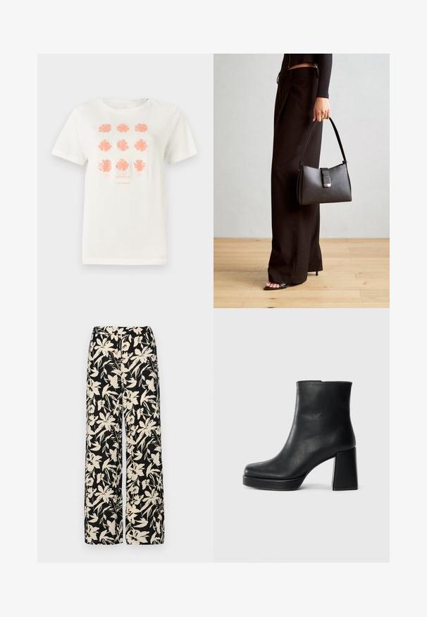 Bijela pamučna majica s devet cvjetnih uzoraka u koraljno crvenoj boji, s natpisom "TOM TAILOR" otisnutim ispod u usklađenoj boji. Kratki rukavi, okrugli izrez.; Crne široke hlače s kremastim cvjetnim uzorkom. Izrađene od lagane tkanine, sa glatkom teksturom i visokim pojasom.; Crna kožna čizma do gležnja s blok petom i platformom, prikazana s bočne strane na jednostavnoj bijeloj pozadini.; Crna torba s oblikom koji sadrži strukturu, glađu teksturu i metalnu kopču. Uparena s širokim crnim hlačama i sandalama na otvorenom s drvenog poda.