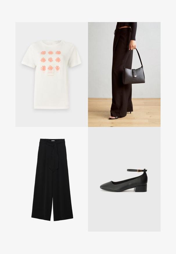 Hvit bomull t-skjorte med ni blomsterdesign i korall, med "TOM TAILOR" trykt under i en matchende farge. Korte ermer, rund hals.; Svart vide bukser med teksturert stoff, elastisk midje og avtagbart belte som gir justerbar passform.; Sorte skinnpumper med spiss tå og lav blokkhelt. Har ankelrem med gullfarget spenne. Glatt tekstur.; Svart håndveske med strukturert form, jevn tekstur og metallisk lås. Kombinert med brede svarte bukser og sandaler med åpen tå på tregulv.
