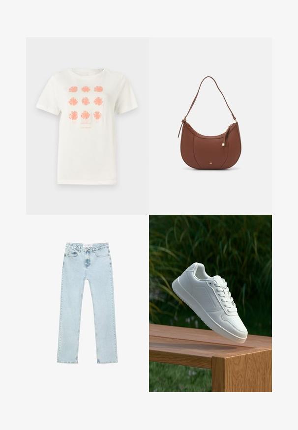 Hvid bomulds t-shirt med ni blomsterdesigns i koralfarve, med "TOM TAILOR" trykt nedenfor i en matchende farve. Korte ærmer, rund hals.; Lyseblå straight-leg jeans lavet af denim. Har forlommer, en lynlås med knap og synlige sømme langs sømmene.; Hvid sneaker med en glat syntetisk overdel, perforeret tåboks, flade snørebånd og en tekstureret sål, præsenteret på en træoverflade.; Brun faux læder skuldertaske med buet form, minimal syning og en guldtonet hardwaredetalje. Har en top lynlåslukning og justerbar rem.