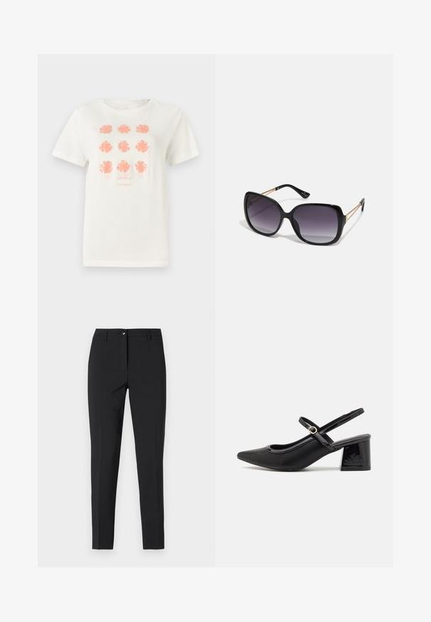 Valkoinen puuvillainen t-paita, jossa on yhdeksän korallinväristä kukkakuviota. "TOM TAILOR" on painettu alla samaan väriin. Lyhyet hihat, pyöreä pääntie.; Mustat, istuvat housut sileästä kankaasta, joissa on klassinen vyötärö, etuvetoketju ja sivutaskut, sekä tyylikäs, räätälöity muotoilu.; Musta lakattu nahka slingback-korkokengät, joissa on terävä kärki, pyöreä aukko-muotoilu ja lohkokorko. Varustettu kultasävyisellä solkiyksityiskohdalla.; Mustat ylisuurten kehysten aurinkolasit, joissa on liukuväri-linssit, paksut kehykset ja kultasävyiset ketjustuskoristeet temppeleissä.; Musta käsilaukku, jossa on rakenteellinen muoto, sileä pinta ja metallinen solki. Yhdistetty leveisiin mustiin housuihin ja avonaiheisiin sandaaleihin puulattialla.