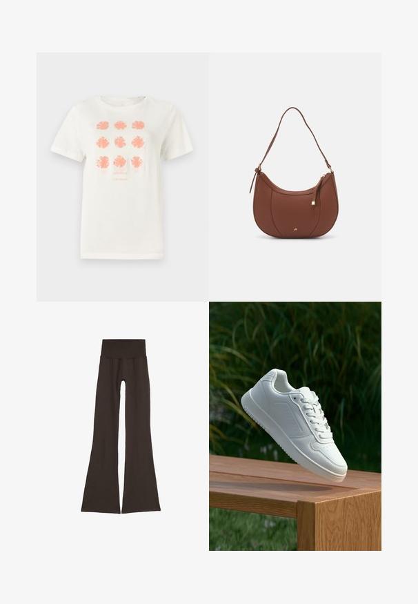 White cotton t-shirt featuring nine floral designs in coral, with "TOM TAILOR" printed below in a matching color. Short sleeves, round neck.; Dark brown flared leggings with a wide, ribbed waistband. Made from soft, stretchy material, featuring a seamless design and no visible hardware.; White sneaker with a smooth synthetic upper, perforated toe box, flat laces, and a textured sole, displayed on a wooden surface.; Brown faux leather shoulder bag with curved shape, minimal stitching, and a gold-tone hardware accent. Features a top zipper closure and adjustable strap.