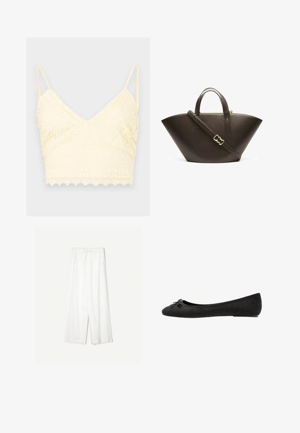 Keltainen pitsinen bralette, jossa on V-muotoinen muotoilu, säädettävät hihnat, teksturoitu kuviointi ja aaltoileva helma.; Valkoiset leveät housut, joissa on nauhavyötärö, esiteltyinä yksinkertaista taustaa vasten, korostaen niiden rentoa tyyliä ja kankaan rakennetta.; Mustat nahan ballet-kengät, joissa on pyöreä varvas, etuosassa koristeellinen sulka ja litteä pohja. Silkkinen pinta ja klassinen muoto.; Ruskea nahkainen olkalaukku, jossa on ainutlaatuinen kulmikas muoto. Varustettu kaksilla kahvoilla ja irrotettavalla olkahihnalla, korostettuna kultaisilla yksityiskohdilla.