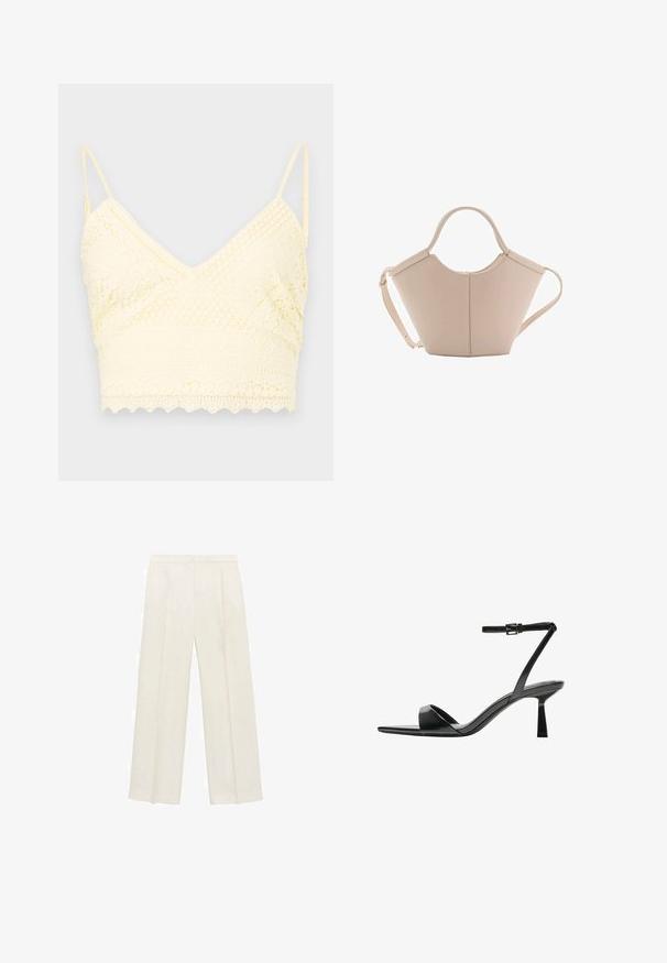 Yellow lace bralette with a v-neck design, adjustable straps, textured patterns, and a scalloped hem.; Wide-legged trousers in a light cream color. Made from a smooth fabric with pleats at the front and side pockets.; Bershka High heeled sandals - black; Beige leather handbag with a unique shape, featuring two short handles and a long adjustable strap. Smooth texture with minimal hardware.
