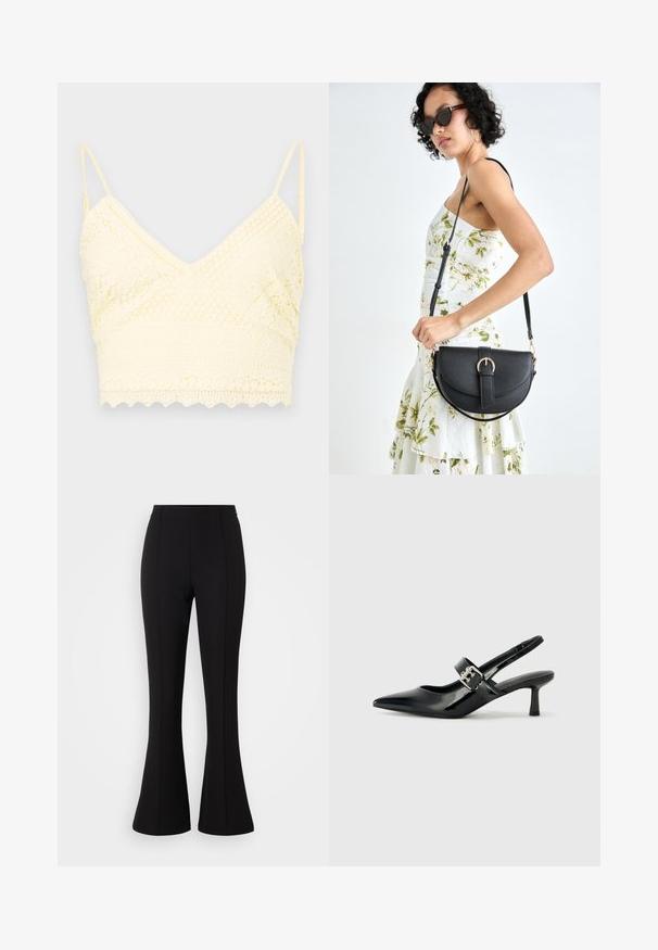Rumena čipkasta braletka z designom v obliki črke V, nastavljivimi naramnicami, teksturiranimi vzorci in valovitim robom.; Črne razširjene hlače iz raztegljive tkanine, ki imajo gladko teksturo, visok pas in šive vzdolž sprednje strani.; Črne patent usnjene slingback pete s koničastim nosom in majhnim blok peto, ki vključujejo srebrno zaponko na traku.; Črna usnjena torbica s ukrivljeno obliko, z odstranljivo naramnico in zlatimi dodatki. Torbica ima pokrov s podrobnostmi v obliki zaponke.