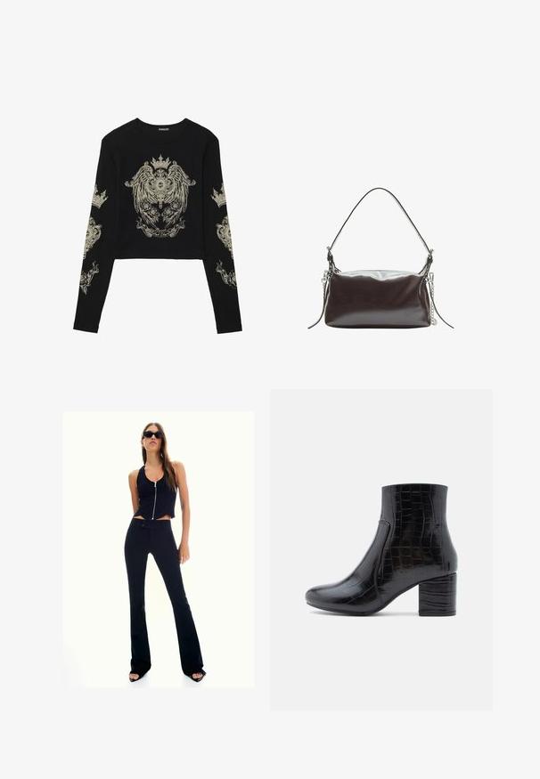 Čierny dlhovrstvový crop top s rebrovanou štruktúrou. Na prednej strane a rukávoch sa nachádzajú zložitý zlatý grafický dizajn korún a ruží.; Čierny skrátený top s predným zipsom, kombinovaný s čiernymi zvýšenými rozšírenými nohavicami. Modelka nosí tmavé slnečné okuliare a vysoké sandále.; Čierna členková obuv z lesklej kože s reliéfom krokodílej kože. Má zaoblenú špičku a robustný blokový opätok. Hladká textúra a elegantný dizajn.; Hnedá lakovaná kožená kabelka so štruktúrovaným obdĺžnikovým tvarom, s jedným uchom a strieborným reťazovým akcentom na jednej strane.