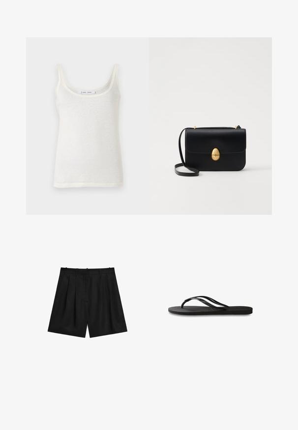 Weißes Baumwollärmelloses Oberteil mit dünnen Trägern, das einen runden Ausschnitt und eine leicht durchsichtige Textur aufweist. Der Saum ist gerade und hat keine zusätzlichen Akzente.; Schwarze maßgeschneiderte Shorts aus einem glatten, leichten Stoff. Verfügt über Falten, zwei Seitentaschen und ein sauberes Taillendesign.; Schwarze Flip-Flops mit einer strukturierten Gummisohle, zwei schlanken Riemen und einem dezenten, geprägten Logo-Detail auf dem Riemen.; Schwarze Lederhandtasche mit strukturierter rechteckiger Form. Verfügt über einen goldenen ovalen Verschluss und einen dünnen Schulterriemen. Glatte Textur.