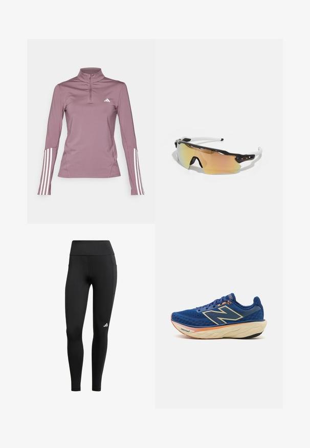 adidas Performance 1/4 ZIP - Top dugih rukava - shadow fig/white; Crne sportske tajice s visokim strukom, izrađene od rastezljivog materijala; imaju bočnu džepu i mali bijeli logo blizu rubova.; Plava trkačka tenisica s prozračnim mrežastim gornjim dijelom, podstavljenim ovratnikom i amortizirajućom potplatom s narančastim detaljem. Vidljiv "Fresh Foam" brend.; Naočale za sunce s crno-bijelim okvirom, velikim zrcalnim lećama u zlatnim i ružičastim nijansama, aerodinamičnim dizajnom i produženim vanjskim rubom.