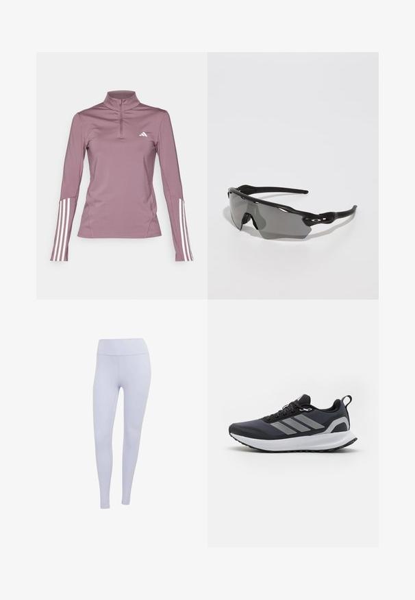 adidas Performance 1/4 ZIP - Topper langermet - shadow fig/white; Lys lilla leggings laget av elastisk stoff. Høy midje-design med en jevn tekstur og ingen synlige sømmer eller mønstre.; Svart atletisk sko med nettingoverdel, hvit mellomsåle, strukturert gummisåle og tre grå striper på siden. Har lisser og en hempe.; Sorte sports solbriller med et elegant design, omsluttende linse, grå tonet linse og teksturerte svarte stangarmene. Ingen synlige logoer.