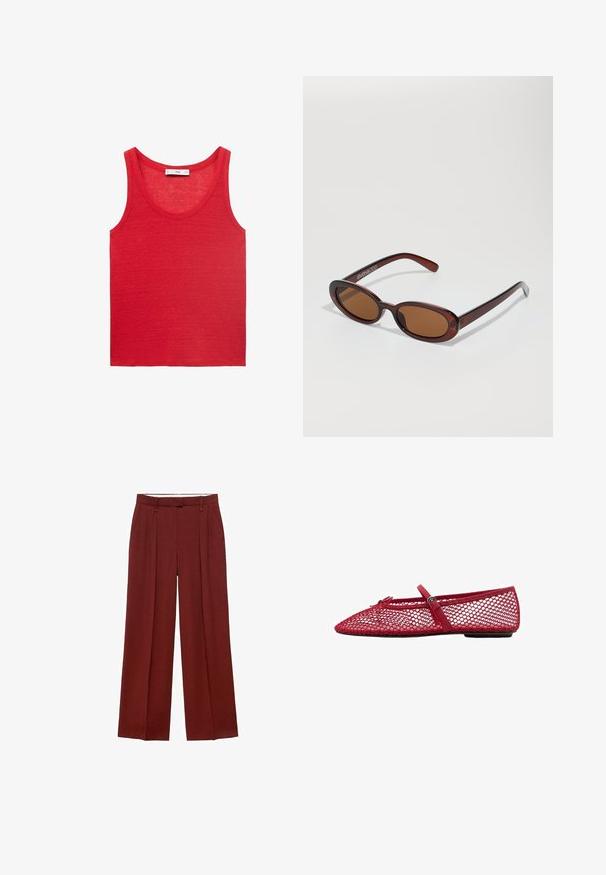 Top roșu fără mâneci, realizat dintr-un material ușor, cu guler rotund și o textură simplă, netedă, fără modele sau ornamentații.; Pantaloni cu croi larg în nuanță roșu inchis, cu talie înaltă, pliuri în față și un material neted, texturat.; Balerini roșii din plasă cu vârful ascuțit, prezentând o curea subțire și un detaliu cu cataramă. Partea superioară are un model deschis, în formă de fagure.; Ochelari de soare rotunzi, cu nuanțe de brown și cu un cadru lucios de burgund. Brațe subțiri cu detalii subtile de branding. Design cu lentile plate.