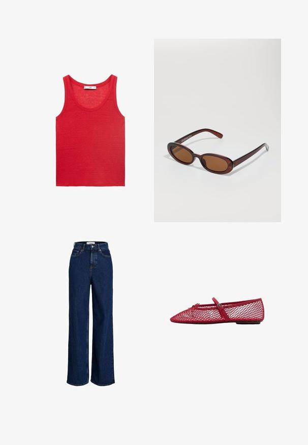 Red sleeveless tank top made of lightweight fabric, featuring a round neck and a simple, smooth texture without patterns or embellishments.; High-waisted, dark blue denim jeans with wide legs, front button, and five-pocket design.; Red mesh ballet flats with a pointed toe, featuring a thin strap and buckle detail. The upper has an open, honeycomb pattern.; Round, brown-tinted sunglasses with a glossy burgundy frame. Slim arms with subtle branding detail. Flat lens design.
