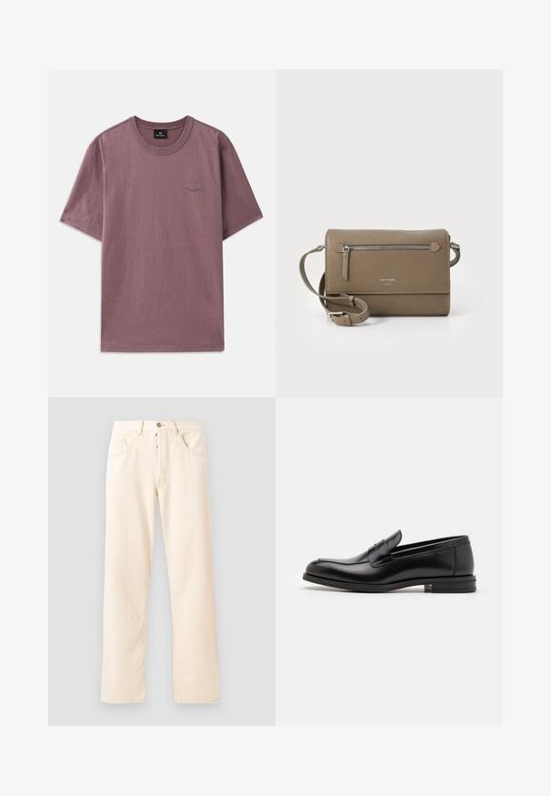 Tričko s krátkym rukávom v tlmenej mauve farbe z bavlny, s okrúhlym výstrihom a jemnými grafickými detailmi pri hrudi s kontrastným prešívaním.; Svetlo béžové denimové džínsy s rovnými nohavicami, piatimi vreckami a predným zapínaním na gombík. Viditeľné švy pozdĺž švov.; Čierne kožené mokasíny s hladkou textúrou, zaoblenou špičkou a dekoračným pásikom cez priehlavok. Nízky vrstvený opätok, minimalistický dizajn.; Taupe kožená crossbody taška so zipsovým predným vreckom, nastaviteľným popruhom, textúrou z granitového kameňa a embosovaným logom na prednej strane.