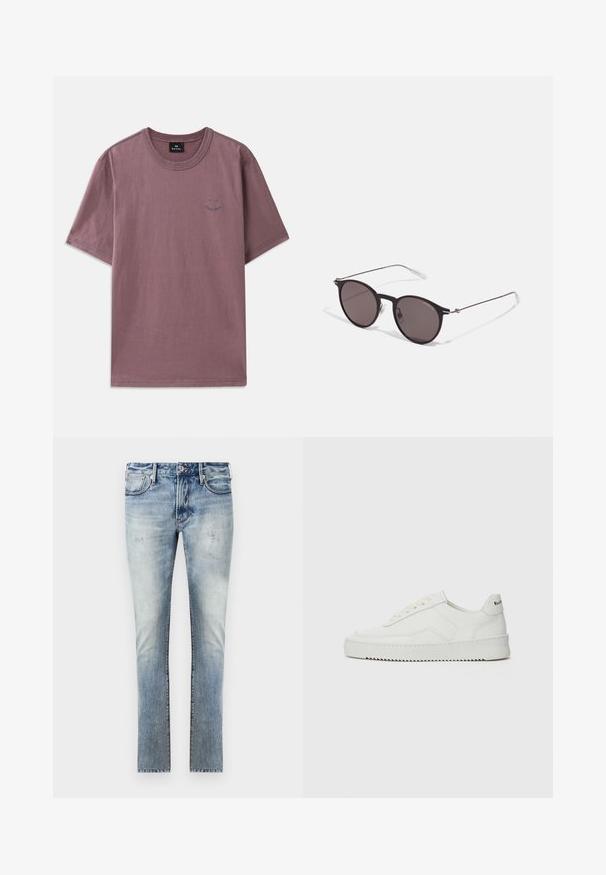 Trumpas rankovėmis marškinėliai iš prikeltos mauve medvilnės, su apvaliu iškirpimu ir subtiliu grafiniu detalizavimu šalia krūtinės su kontrastingomis siūlėmis.; Šviesiai mėlyni džinsai su nuvalytu paviršiumi, aptemptas fasonas, penki kišenės ir kontrastingos siūlės.; Balti odiniai sportiniai bateliai su lygia apdaila, apvaliu pirštu, plokščiais raišteliais ir tekstūruotu padu. Pasižymi subtiliu logotipu ant kulno.; Juodos apvalios saulės akinių su tamsiais lęšiais ir plonomis metalinėmis šakomis. Įtraukti skaidrūs šventyklų galai ir sidabriniai akcentai vyrio srityje. Minimalistinis dizainas.