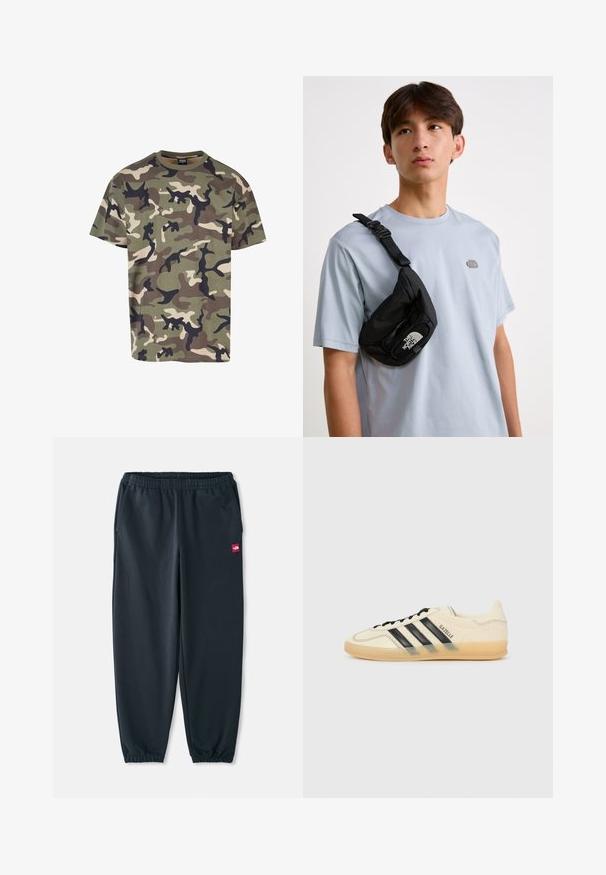 Urban Classics HEAVY CAMO - Potiskana majica - wood camo aop; Črne jogger hlače iz gladkega materiala, z elastiko v pasu, manšetami na gležnjih in majhnim rdečim logotipom na strani.; Svetlo kremne teniske z vzorcem črnih treh črt, teksturirano zgornji del, okroglo konico in gumijast podplat. Imajo vezalke in blagovno znamko na strani.; Črn najlonov crossbody nahrbtnik z nastavljivim paščkom, ki ima vidno belo logotip. Nosi se čez svetlo modro majico. Preprost, funkcionalen dizajn.