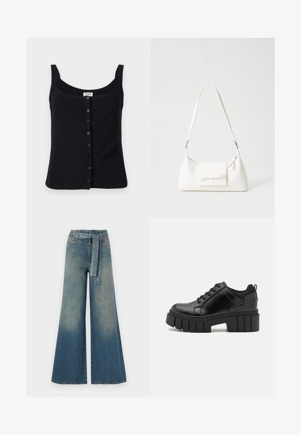 Must mustriba tank top ruudu kaelusega, reguleeritavad õlapaelad ja eesmine nööbikinnitus kuue nööbiga.; Laiad denimpüksid, millel on hele tume sinine gradiendiefekt, kõrge vöökoht, vöökumlid ja sobivast kangast vöö. Struktureeritud denimi viimistlus.; Must musta platvormsussid paksu plokkninal, ümmarguse varbaga ja traditsioonilise nööridega kinnitamisega. Sussid on sileda tekstuuriga ja minimaalsete detailidega.; Valge sünteetilisest materjalist kott kolmnurkse kujuga, lame esiklapiga ja kaaredetailiga, reguleeritava rihmaga, sileda tekstuuriga ja minimalistliku disainiga.