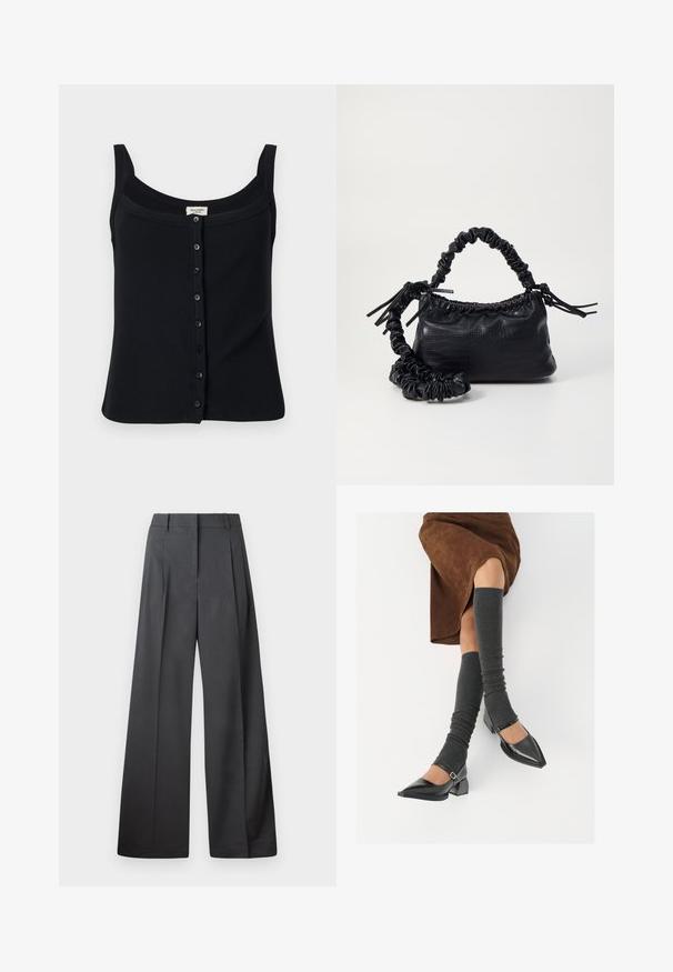 Must mustriba tank top ruudu kaelusega, reguleeritavad õlapaelad ja eesmine nööbikinnitus kuue nööbiga.; Tumesed püksid tumesinises kangas, kõrge vöökoht, üks voldik ning sile struktuur puhaste ääristega.; Mustad patsaline odav värviga kingad, millel on kreen ja pahkluuring, on paaritatud hallide ribakudumitega sääremiidega ja pruunist nahast seelikuga.; Must must sünteetilisest nahast käekott, millel on krokodillimuster, kokku tõmmatav ülaosa ja kortsus rihm. Tundub pehme ja kompaktne disain.