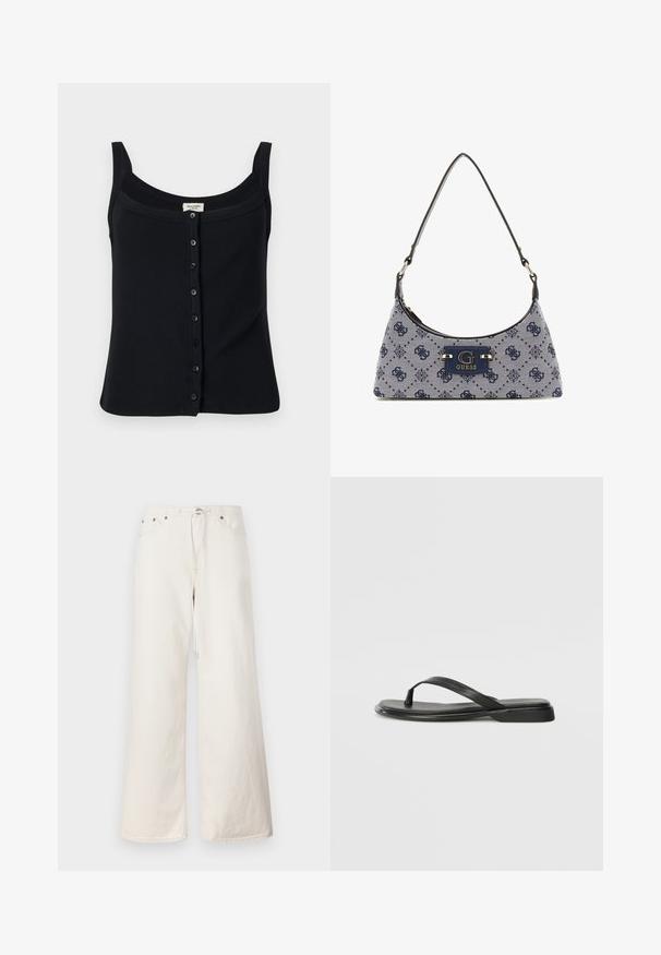 Black ribbed tank top with a square neckline, adjustable straps, and a front button closure featuring six buttons.; White wide-leg denim pants featuring a drawstring waist, front pockets, and subtle stitching details. Made from sturdy cotton material.; Black flip-flop made of smooth leather, featuring a thin strap design and a flat sole with a minimal profile. No notable patterns or accents.; Hobo-style handbag in navy blue fabric with a diamond pattern, featuring a logo plaque and a smooth shoulder strap. Textured surface.