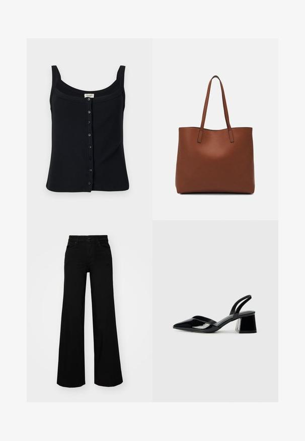 Débardeur noir à côtes avec un décolleté carré, des bretelles ajustables et une fermeture à boutons à l'avant comportant six boutons.; Pantalons large en denim noir, dotés d'une taille structurée, de passants de ceinture et de poches avant. Texture lisse avec un design classique.; Escarpins en cuir verni noir avec bout pointu et talon bloc géométrique. Présente un design élégant et minimaliste ainsi qu'une texture lisse.; Sac fourre-tout en cuir marron avec une texture lisse, design à ouverture supérieure et deux poignées pour le porter à l'épaule. Présente des coutures minimales et aucun matériel visible.