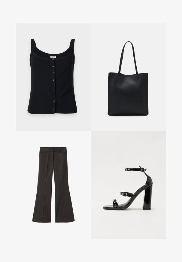 Svart ribbad linne med fyrkantig halsringning, justerbara axelremmar och en framknäppning med sex knappar.; Svarta utsvängda byxor med hög midja; har två framfickor och en mjuk tygtextur. Lämpliga för olika tillfällen.; Svarta lackerade klacksandaler med fyrkantig tå, ankelremmar och silverfärgade spännen. Har en kraftig blockklack för stabilitet.; Svart lädertoffelväska med slät textur, rektangulär form och två långa handtag. Ingen synlig hårdvara eller dekorationer.