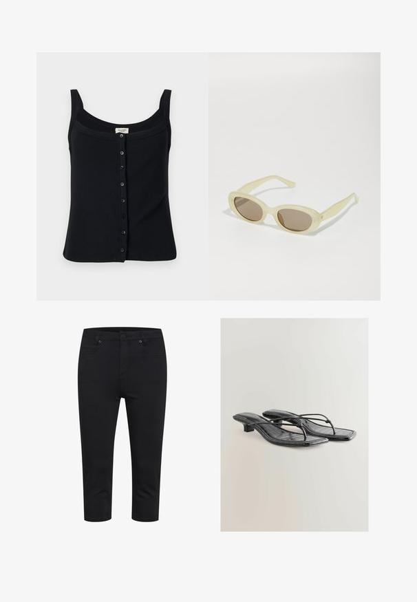 Top de tirantes de canalé negro con escote cuadrado, tirantes ajustables y cierre frontal de botones con seis botones.; Pantalones negros cortos de corte slim-fit con botón en la parte delantera, cierre de cremallera y bolsillos delanteros y traseros, exhibidos sobre fondo blanco.; Sandalias de tacón de imitación de cuero liso negro con punta cuadrada, bandas delgadas y detalles de textura de cocodrilo. Diseño de tacón bajo.; Gafas de sol ovaladas con un marco translúcido de color amarillo pálido y lentes marrones. Presenta una textura suave y sutiles acentos metálicos en los laterales.; Bolso de paja tejido en forma de media luna, con una superficie texturizada, color beige y un acento decorativo de borlas. Detalle del logo en hardware dorado.; Cinco pulseras: un bangle de madera oscura, dos cadenas de metal tono dorado y dos anillos de resina color ámbar con acentos dorados y texturas suaves.