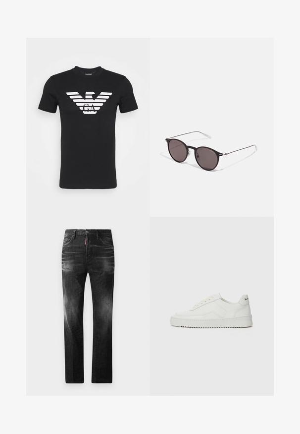 Juodas medvilninis marškinėliai su baltu dryžuotu erelio logotipu, po kuriuo užrašyta "GA". Apvalus kaklas ir trumpomis rankovėmis.; Juodi džinsai su tiesiu kirpimu. Spalvoti svyrantys plotai, šiek tiek sugadinti, klasikinis penkių kišenių dizainas ir mygtuko uždarymas.; Balti odiniai sportiniai bateliai su lygia apdaila, apvaliu pirštu, plokščiais raišteliais ir tekstūruotu padu. Pasižymi subtiliu logotipu ant kulno.; Juodos apvalios saulės akinių su tamsiais lęšiais ir plonomis metalinėmis šakomis. Įtraukti skaidrūs šventyklų galai ir sidabriniai akcentai vyrio srityje. Minimalistinis dizainas.