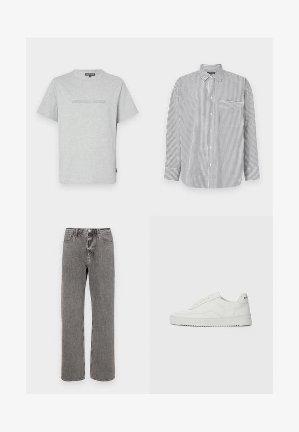 Szürke pamut póló rövid ujjal, elöl domború "MICHAEL KORS" logóval és kerek nyakkivágással.; Fekete-fehér csíkozott ing, hosszú ujjal, klasszikus gallérral és vízszintes csíkos mellzsebbel.; Szürke farmernadrág, ami egyenes szárú szabással, öt zsebbel és gombos záródással rendelkezik a derékrészen. Finom, kopott hatás jellemzi.; Fehér bőr sportcipő sima felülettel, kerek orral, lapos fűzőkkel és texturált talppal. Finom logó található a sarokon.