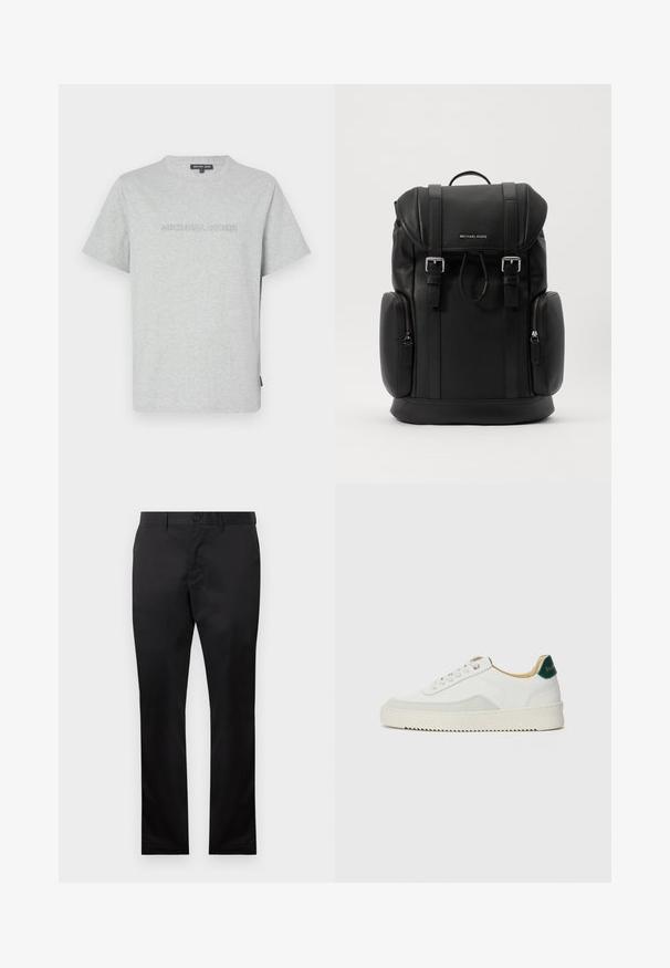 Tricou din bumbac gri, cu mâneci scurte, având un logo embosat "MICHAEL KORS" pe față și un guler rotund.; Pantaloni negri din bumbac cu un design drept, dotati cu o inchidere la fata cu nasture si buzunare laterale, textura neteda, fara modele vizibile.; Sneaker alb cu accente din suede, vârf rotund, șireturi plate și o talpă din cauciuc crem. Are un logo verde pe călcâie.; Rucsac din piele neagră cu suprafață texturată, închidere cu clapetă, accesorii metalice, buzunare laterale cu fermoar și logo-ul brandului pe față.
