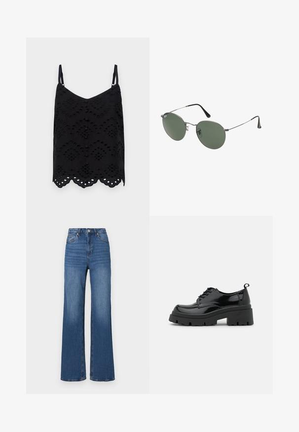 Black tank top with thin straps, featuring an embroidered pattern, scalloped hem, and button details down the front. Made from lightweight fabric.; High-waisted, wide-leg blue jeans made of denim, featuring a classic five-pocket design and subtle fading along the legs.; Black patent leather shoes with a chunky platform sole and thick laces. Rounded toe, minimal detailing, and a small heel tab at the back.; Metal-framed sunglasses with oval green lenses. Thin silver metal frame and black ear tips. Minimalist design, no visible logos.