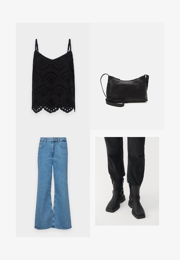 Črna majica brez rokavov s tankimi naramnicami, ki vsebuje vezen vzorec, valovit rob in gumbne detajle spredaj. Narejena iz lahkega blaga.; Svetlo modri razširjeni džins hlače iz denima, z visokim pasom, petimi žepi in enim gumbom za zapiranje. Mehka tekstura z blagim zbledelim videzom.; Črne usnjene gležnjarje s kvadratnim nosom, ki vsebujejo širok trak in podrobnost z metalno zaponko. Gležnjarji imajo debelo podplat in gladko teksturo.; Črna usnjena torba čez ramo z gladko teksturo, ukrivljeno obliko, nastavljivim trakom in zadrgo. Minimalističen dizajn brez okrasnih detajlov.