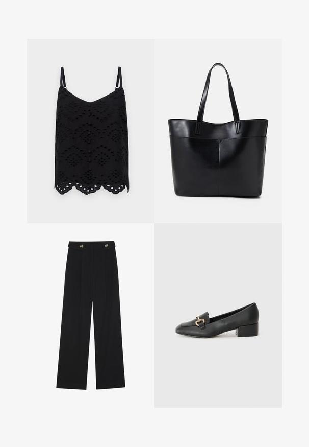 Must mustrind, misvate gaasikudega, kus on tikitud muster, laineline äär ja nupud ees. Valmistatud kerge kangaga.; Mustad laiad püksid kõrge vöökoha ja nööpdetailidega vööandil, esikortsudega.; Mustad nahast loafers madala kontsaga, millel on esiküljel dekoratiivne kuldne detalj ja sile tekstuur.; Must mustaga musta nahast, millel on kaks pikka kanda, sile tekstuur ja struktureeritud kuju. Esipoolsel on lisakoti jaoks tasku.