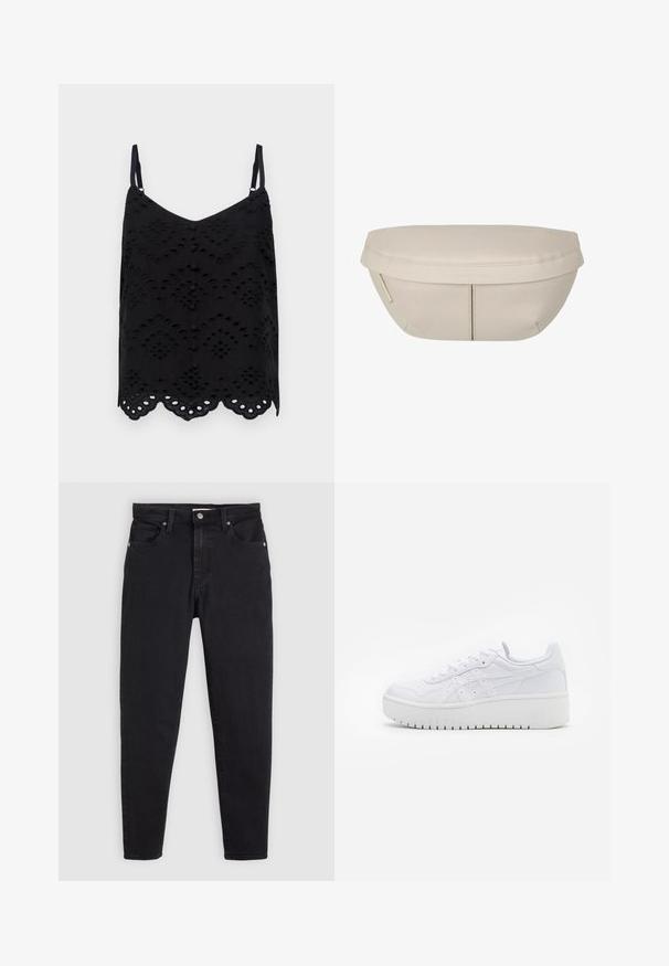 Svart linne med tunna axelband, prydd med ett broderat mönster, vågig nederkant och knappdetaljer fram. Tillverkat av lättviktsmaterial.; Svarta slim-fit jeans med knapp- och dragkedjestängning, femfickorsdesign och bältesömmar på en ljusgrå bakgrund.; Vita plattformssneakers i slät läderstruktur, med perforerad detaljering och platta snörningar; har en tjock vit gummisula.; Beige tygpås med rundad form, med en platt topp och subtila sömdetaljer. Inkluderar en minimalistisk logotyp och en sidoremsa.