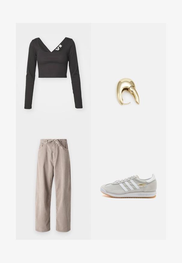 Czarny prążkowany długi rękaw crop top z głębokim dekoltem w kształcie V i dopasowanym krojem. Posiada metki na wewnętrznej stronie dekoltu. Gładka tekstura.; Beżowe spodnie w chód kordurowym o luźnym kroju, z elastycznym ściągaczem w pasie, dwoma przednimi kieszeniami i pionowym prążkowanym wzorem.; Jasnoszare sneakersy wykonane z zamszu i siateczki, z trzema białymi paskami, okrągłym noskiem i gumową podeszwą. Złoty akcent logo w pobliżu sznurowadeł.; Złote metalowe kolczyki o eleganckim, zakrzywionym kształcie. Posiadają charakterystyczny szpiczasty kształt, polerowaną powierzchnię oraz zapięcie na zawias.