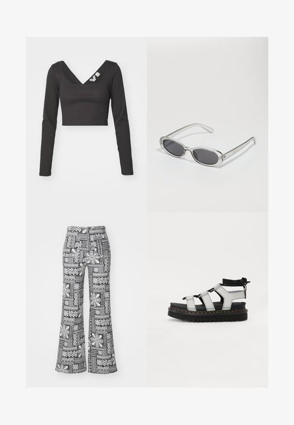 Top court à manches longues noir à côtes avec un décolleté en V profond et une coupe ajustée. Présente des étiquettes à l'intérieur du col. Texture lisse.; Pantalons évasés noir et blanc avec un motif floral géométrique. Fabriqués dans un tissu léger avec une texture douce.; Sandales à plateforme noires avec des brides grises, présentant des coutures jaunes contrastantes, un lacet ajustable à la cheville et une semelle texturée.; Lunettes de soleil de forme ovale, monture en plastique transparent, verres gris foncé et branches transparentes fines avec des accents de logo et un minimalisme dans les détails.